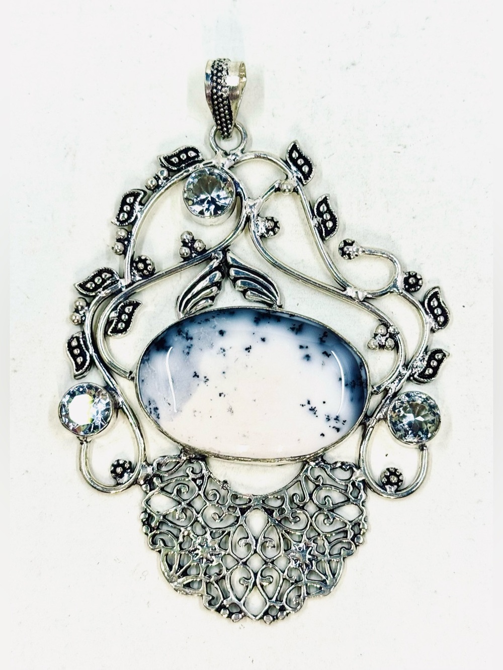 Artisan Huge Sterling Silver Filagree Pendant W/White Blue Cabochon Stone 4X2.75